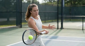 A woman in a grey tank top swings a tennis racket at a green ball on a tennis court. A dark fence forms the background