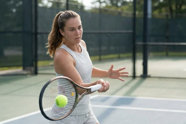 A woman in a grey tank top swings a tennis racket at a green ball on a tennis court. A dark fence forms the background